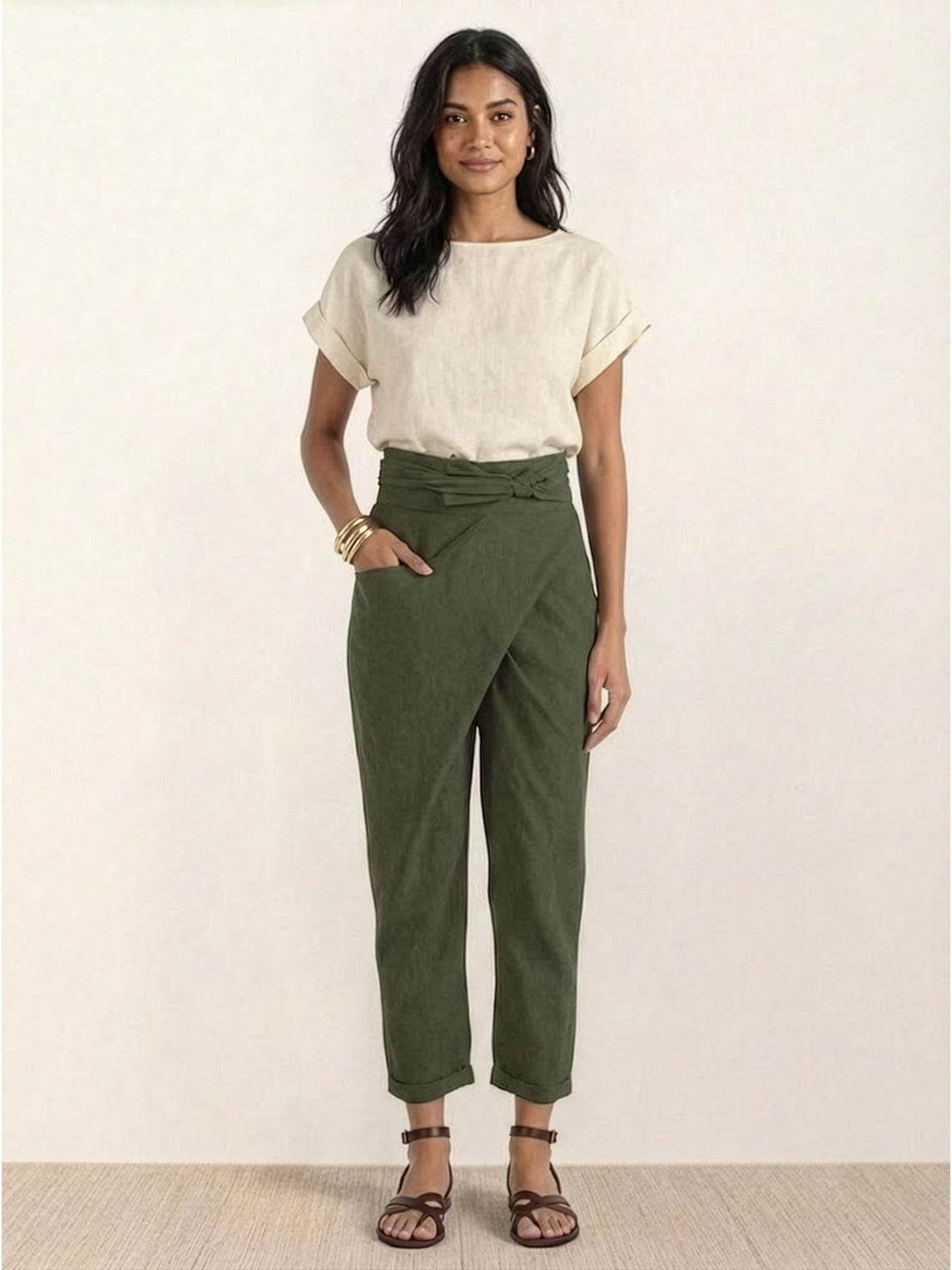 Dames Hoge Taille Wikkel Cropped Toelopende Broek