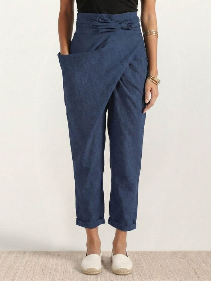 Dames Hoge Taille Wikkel Cropped Toelopende Broek - Navy Blue