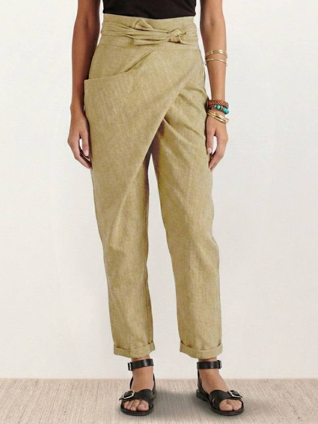 Dames Hoge Taille Wikkel Cropped Toelopende Broek - Khaki