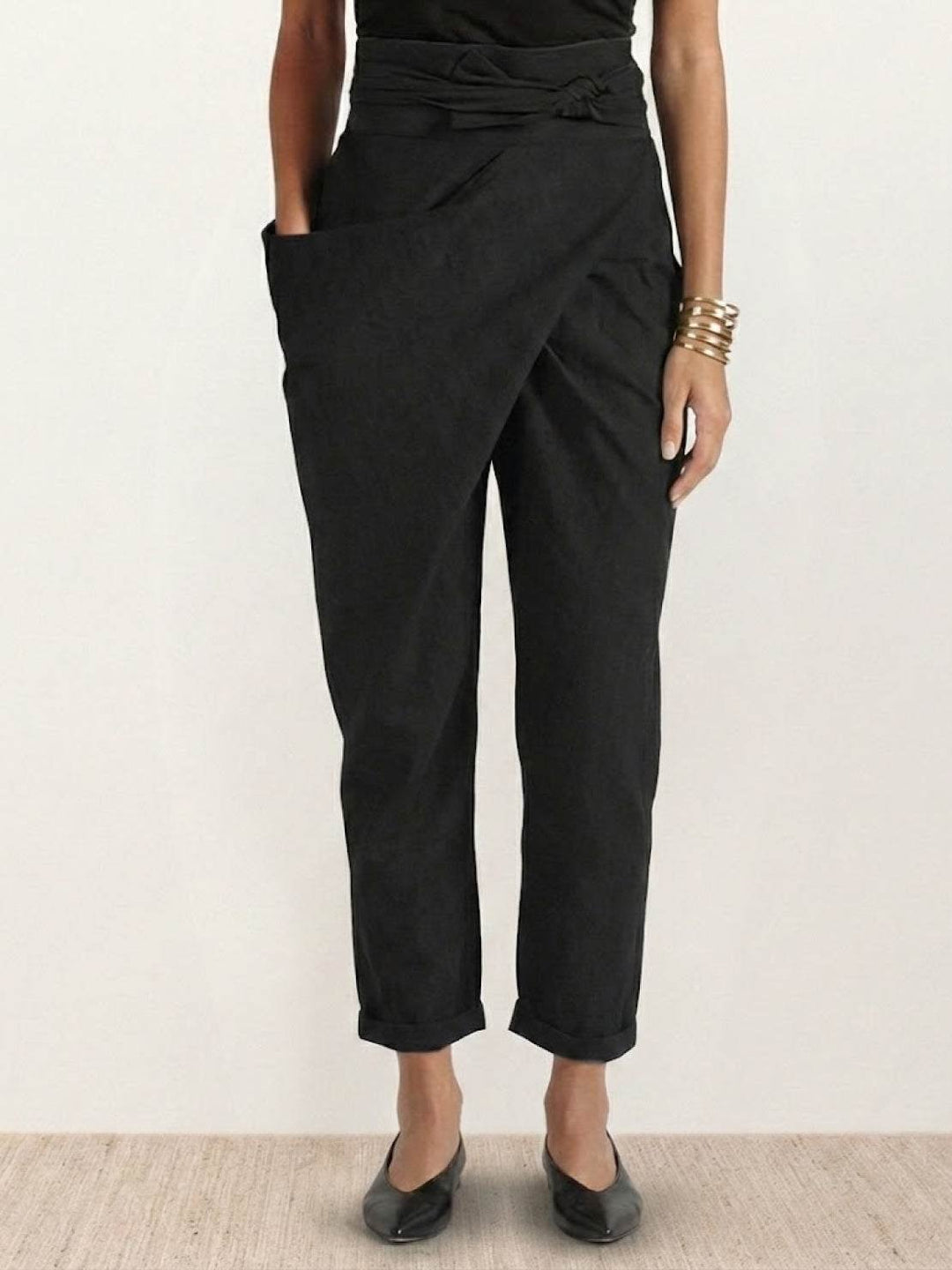 Dames Hoge Taille Wikkel Cropped Toelopende Broek - Black