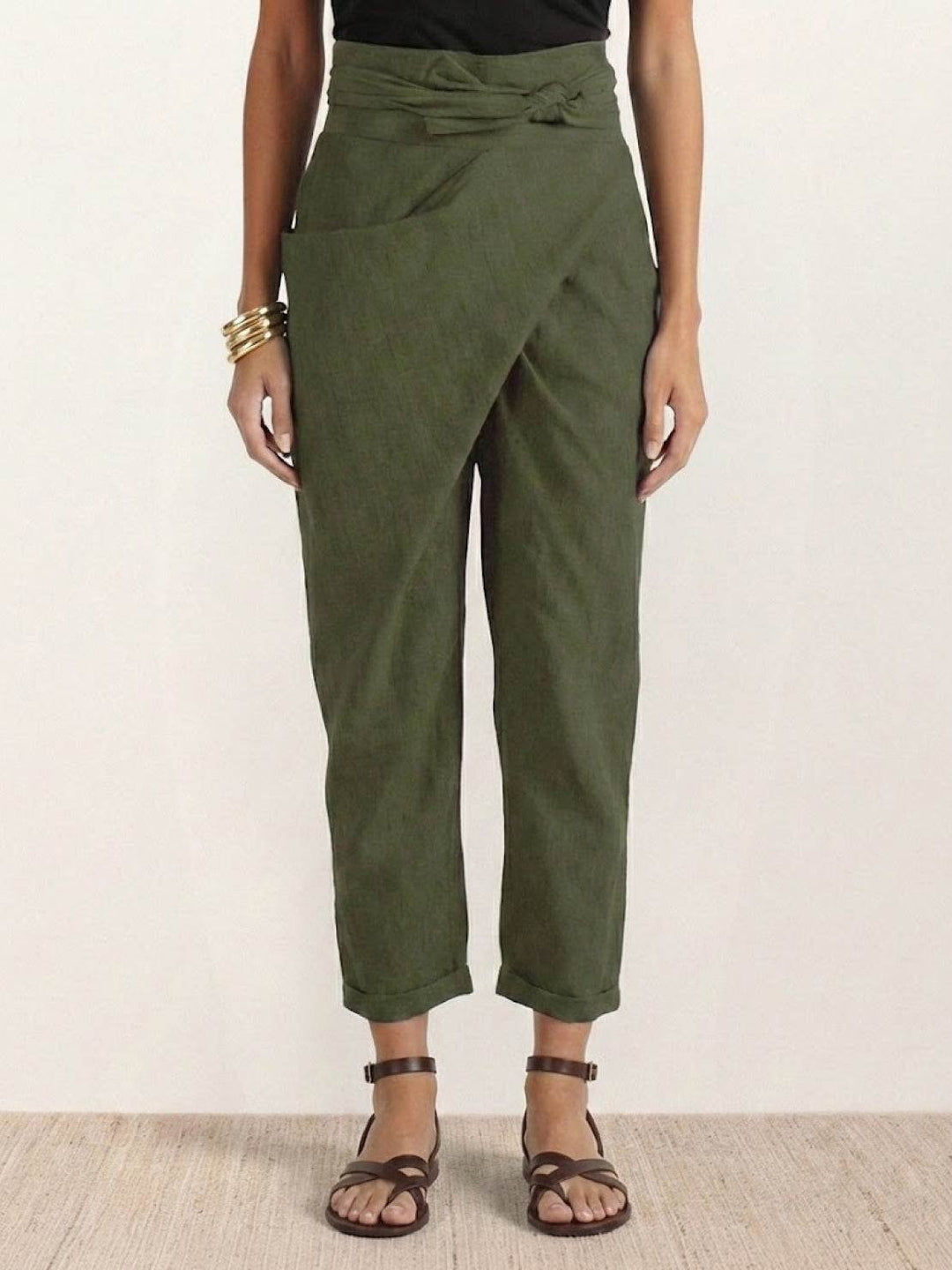 Dames Hoge Taille Wikkel Cropped Toelopende Broek - Army Green