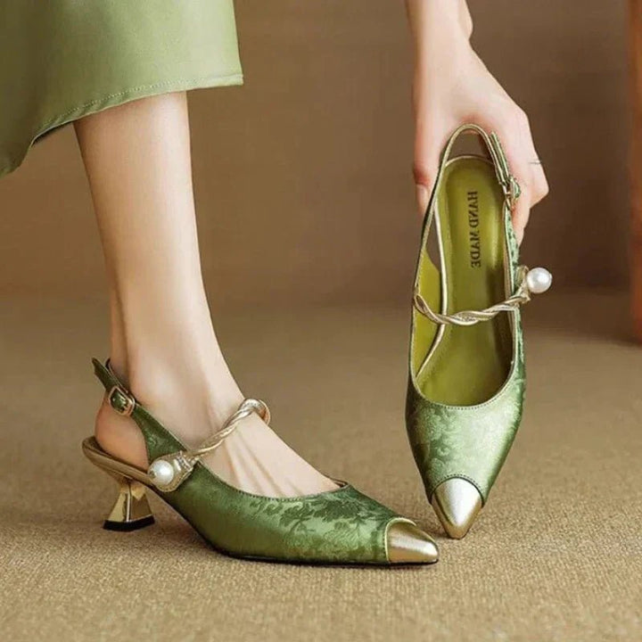 Dames Jacquard Slingback Pumps Parel Twisted Bandje Kitten Hak - Green