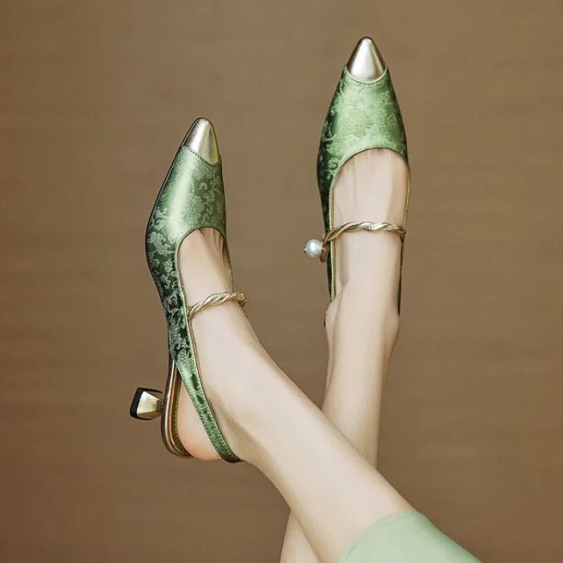 Dames Jacquard Slingback Pumps Parel Twisted Bandje Kitten Hak