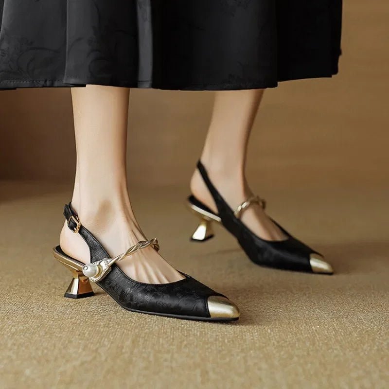 Dames Jacquard Slingback Pumps Parel Twisted Bandje Kitten Hak - Black