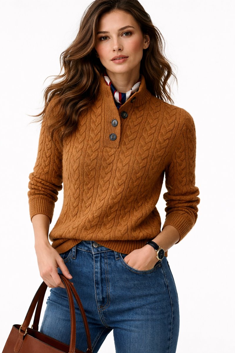 Dames Kabelgebreide Wolmix Sweater Opstaande Kraag Knopen - Bruin
