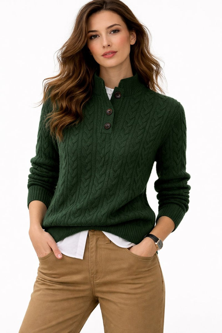 Dames Kabelgebreide Wolmix Sweater Opstaande Kraag Knopen - Groen