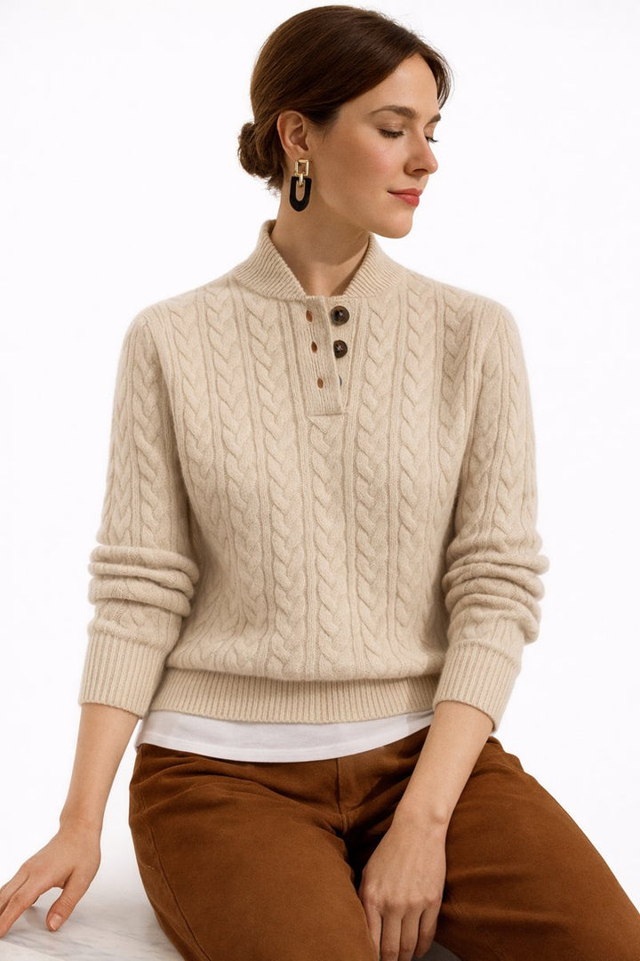 Dames Kabelgebreide Wolmix Sweater Opstaande Kraag Knopen - Khaki