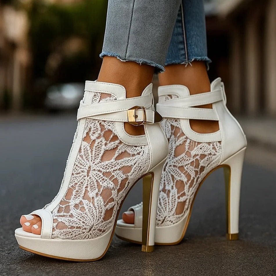 Dames Kant Peep-Toe Stiletto Hakken Enkelbandje Pumps