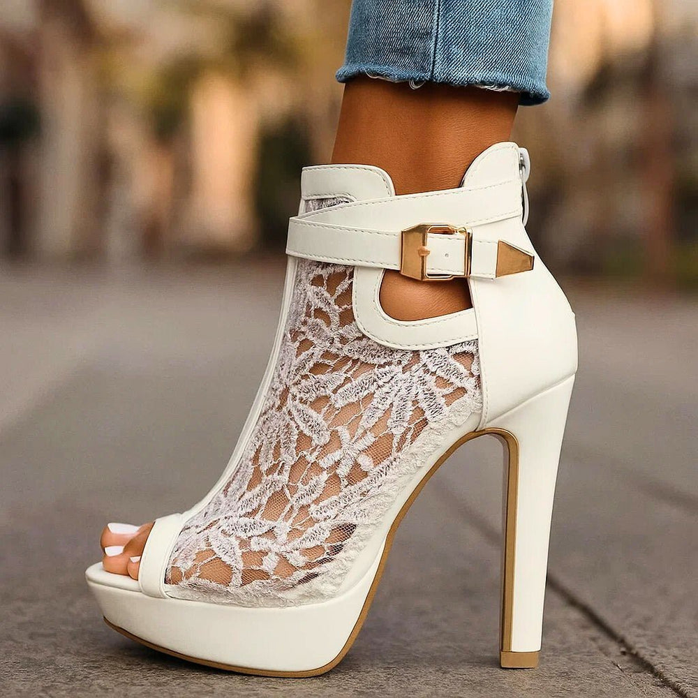 Dames Kant Peep-Toe Stiletto Hakken Enkelbandje Pumps - Ivory White