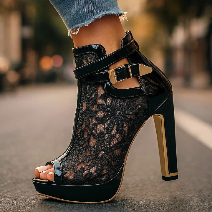 Dames Kant Peep-Toe Stiletto Hakken Enkelbandje Pumps - Classic Black