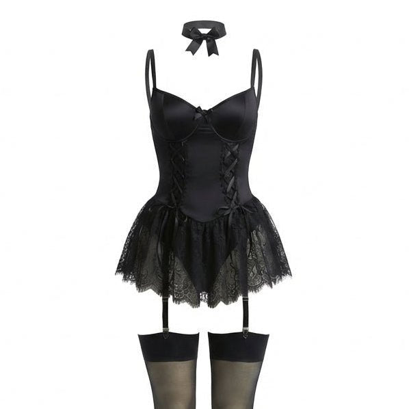 Dames Kanten Bustier Teddy met Jarretelbandjes - Black