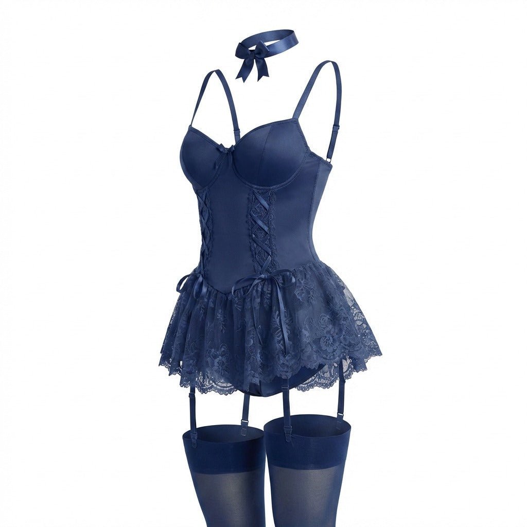 Dames Kanten Bustier Teddy met Jarretelbandjes - Navy