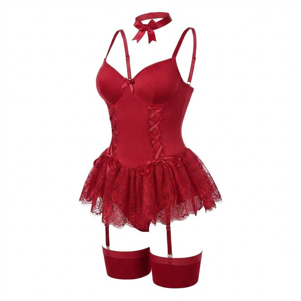 Dames Kanten Bustier Teddy met Jarretelbandjes - Burgundy