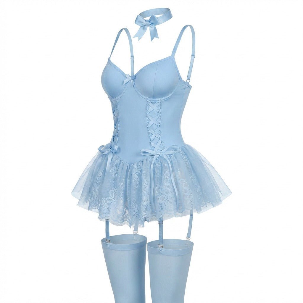 Dames Kanten Bustier Teddy met Jarretelbandjes - Baby Blue