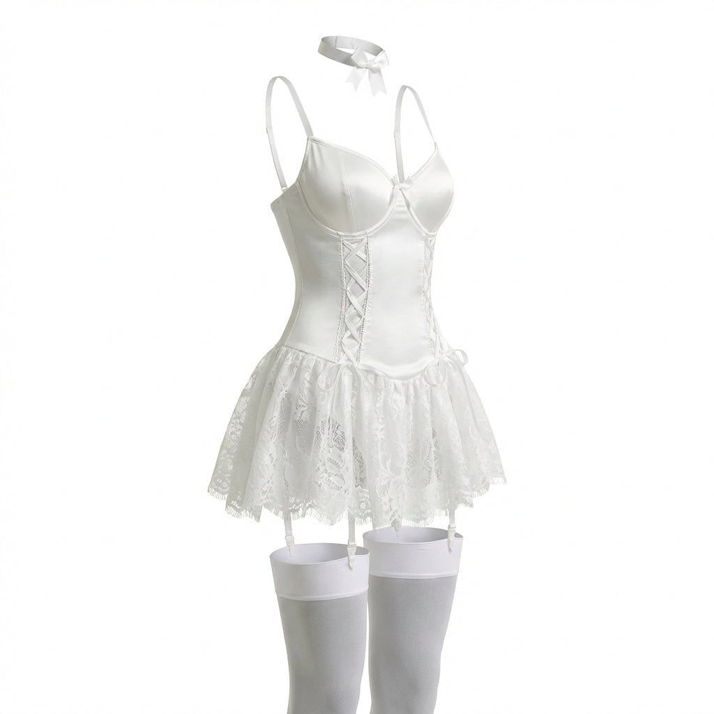 Dames Kanten Bustier Teddy met Jarretelbandjes - White
