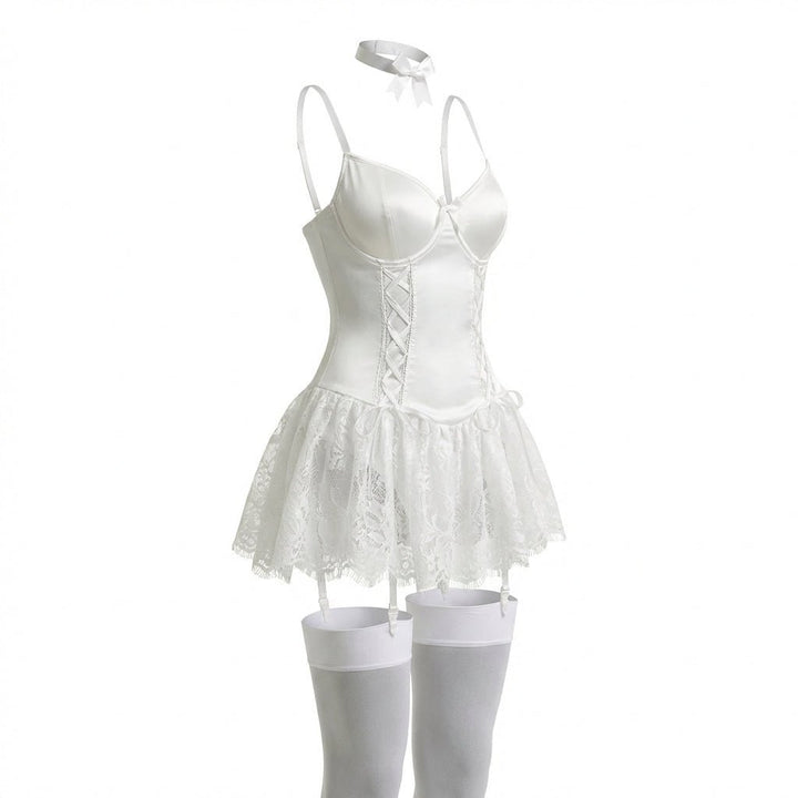 Dames Kanten Bustier Teddy met Jarretelbandjes - White