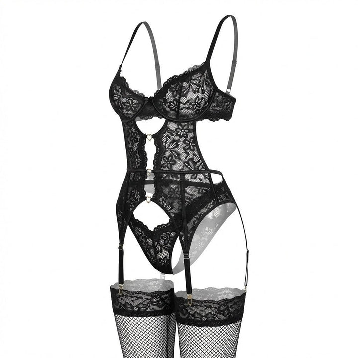Dames Kanten Lingerie Set met Beugel BH Jarretellegordel Slip en Kousen - Black