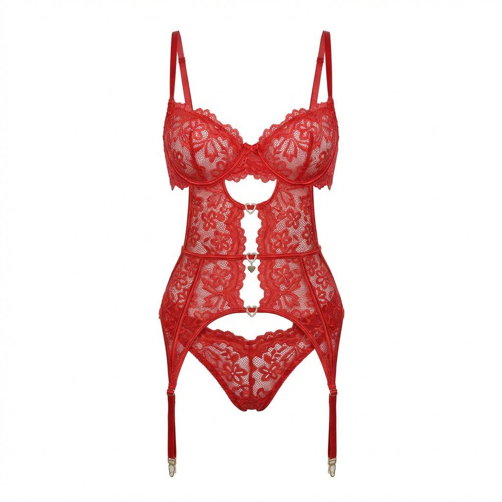 Dames Kanten Lingerie Set met Beugel BH Jarretellegordel Slip en Kousen - Red