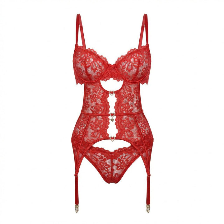 Dames Kanten Lingerie Set met Beugel BH Jarretellegordel Slip en Kousen - Red