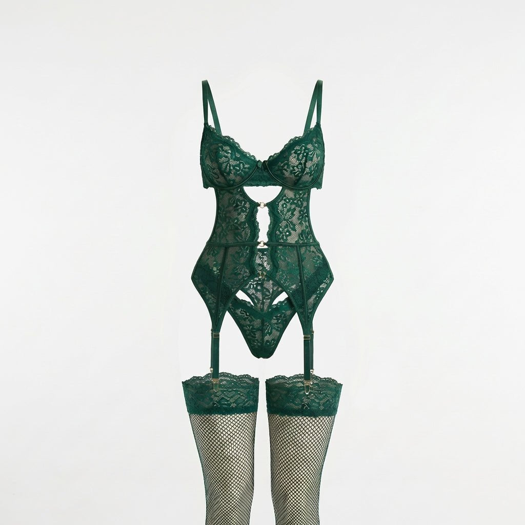 Dames Kanten Lingerie Set met Beugel BH Jarretellegordel Slip en Kousen - Green