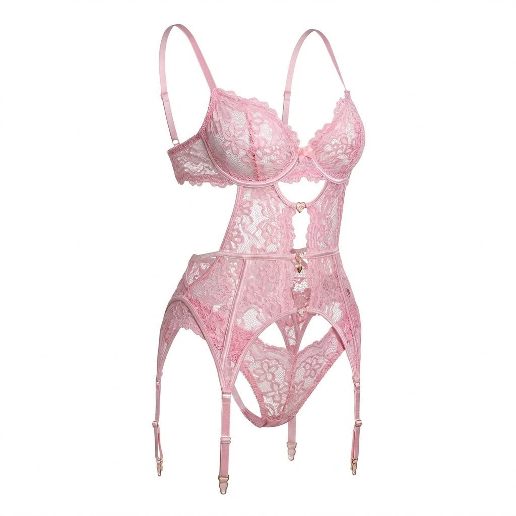 Dames Kanten Lingerie Set met Beugel BH Jarretellegordel Slip en Kousen - Pink