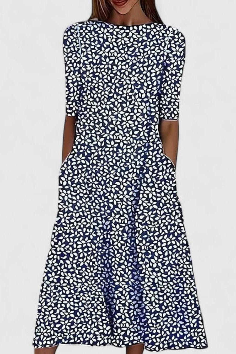 Dames Katoenen A-Lijn Midi Jurk Korte Mouwen - Dark Blue