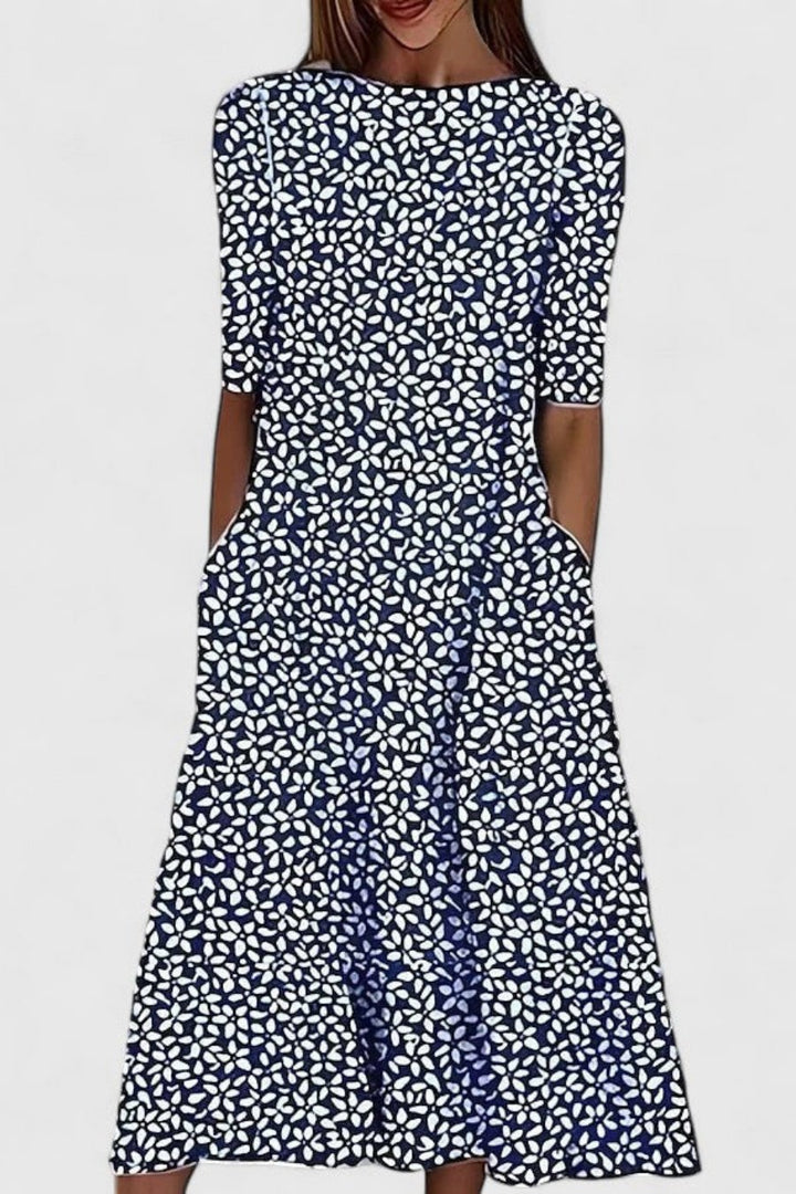 Dames Katoenen A-Lijn Midi Jurk Korte Mouwen - Dark Blue