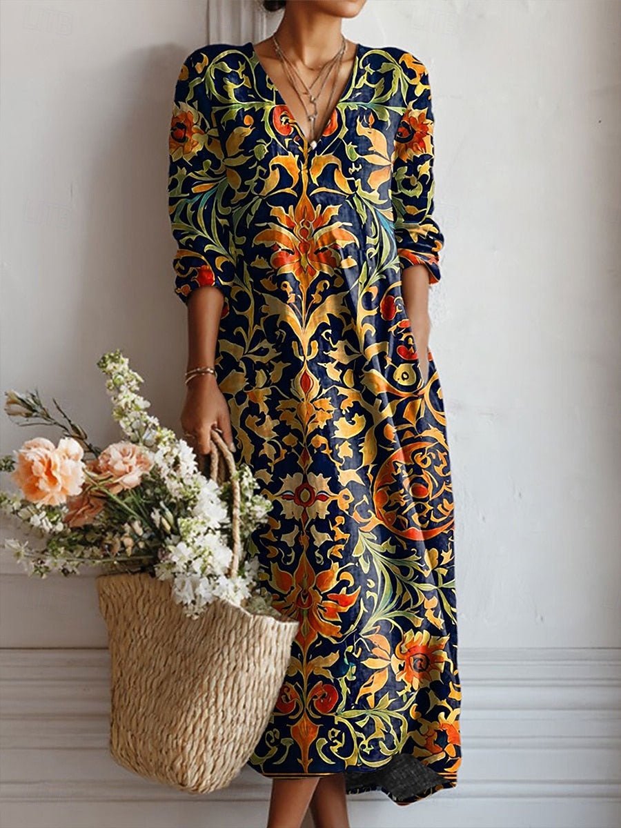 Dames Katoenen Barok V-hals Midi Jurk