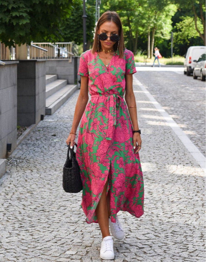 Dames Katoenen Bloemenprint Wikkel Midi-jurk V-hals Strikceintuur - Dark Pink