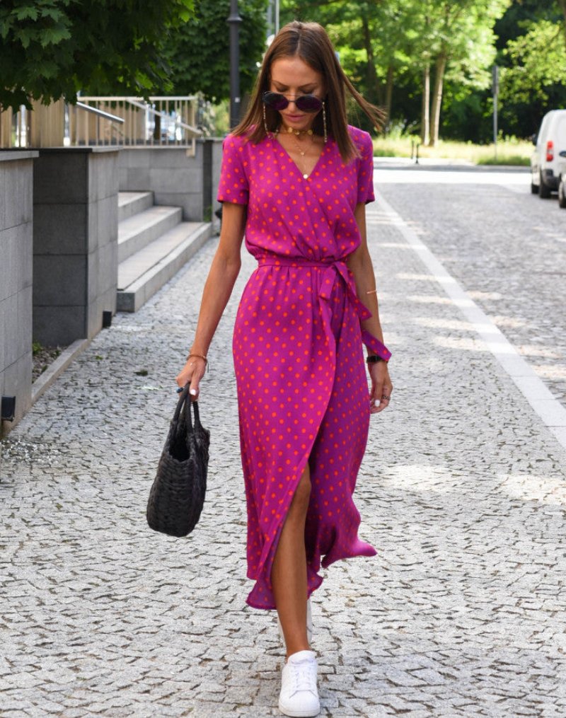 Dames Katoenen Bloemenprint Wikkel Midi-jurk V-hals Strikceintuur - Fuschia