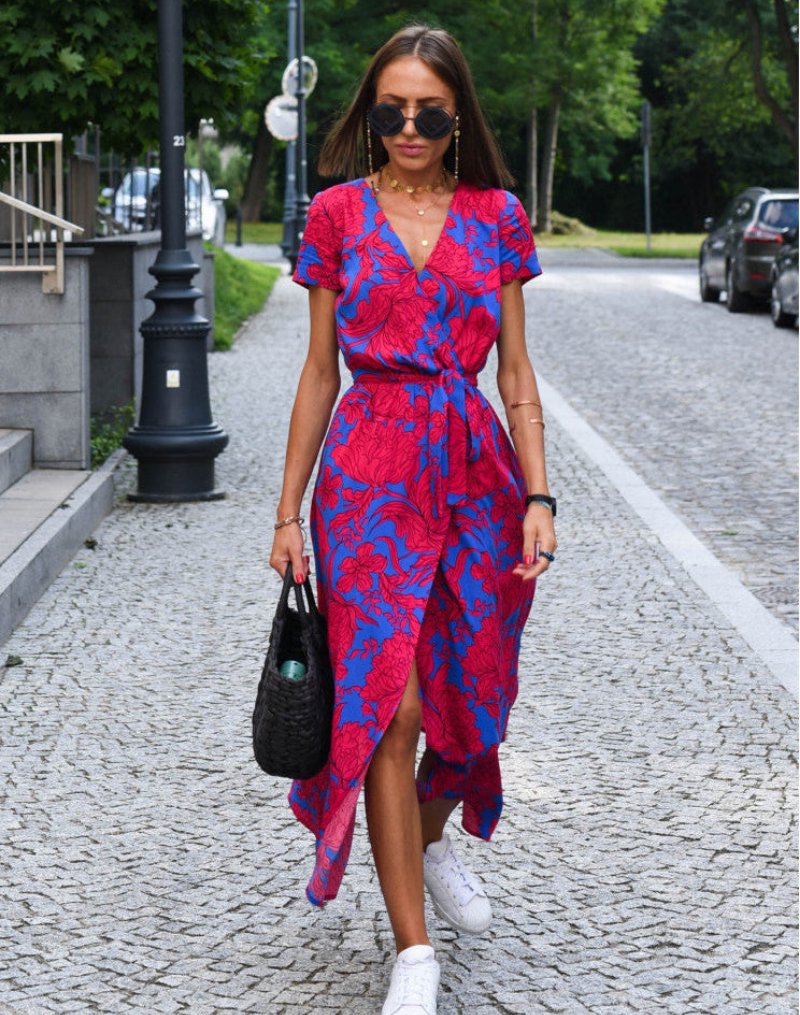 Dames Katoenen Bloemenprint Wikkel Midi-jurk V-hals Strikceintuur - Red