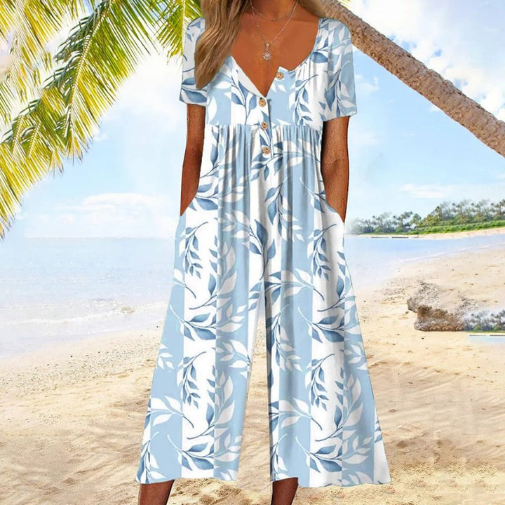 Dames Katoenen Culotte Jumpsuit Knoopsluiting V-hals Korte Mouw - Light Blue