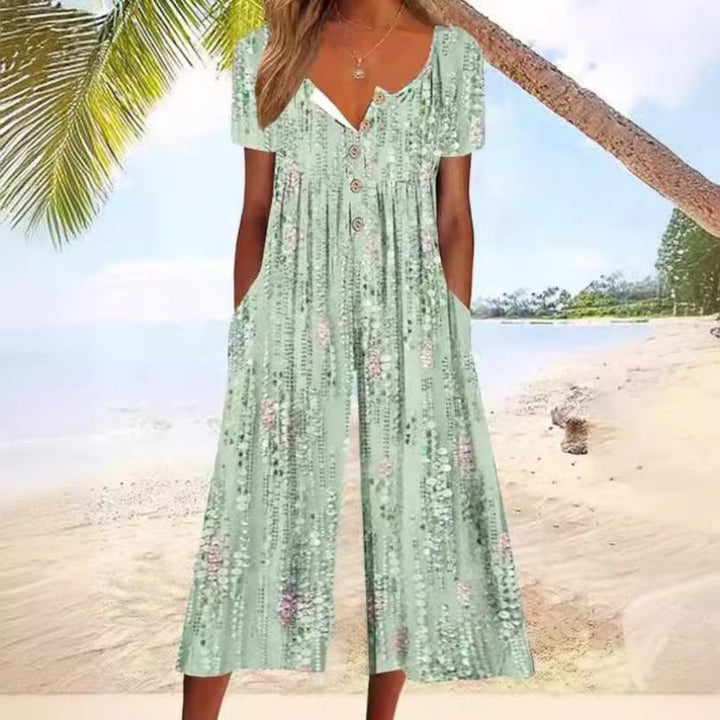 Dames Katoenen Culotte Jumpsuit Knoopsluiting V-hals Korte Mouw - Green