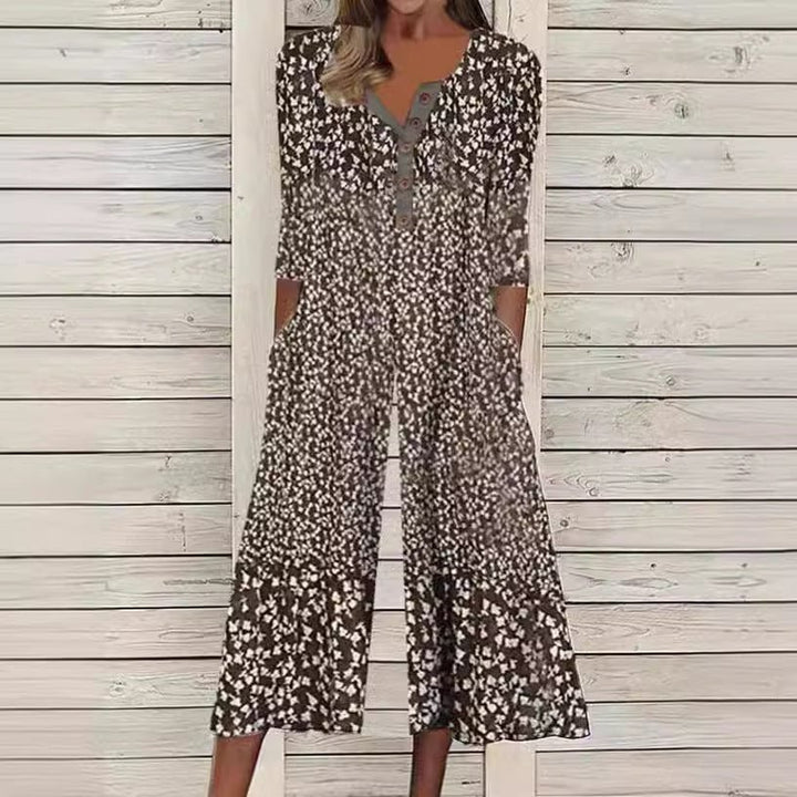 Dames Katoenen Culotte Jumpsuit Knoopsluiting V-hals Korte Mouw - Brown