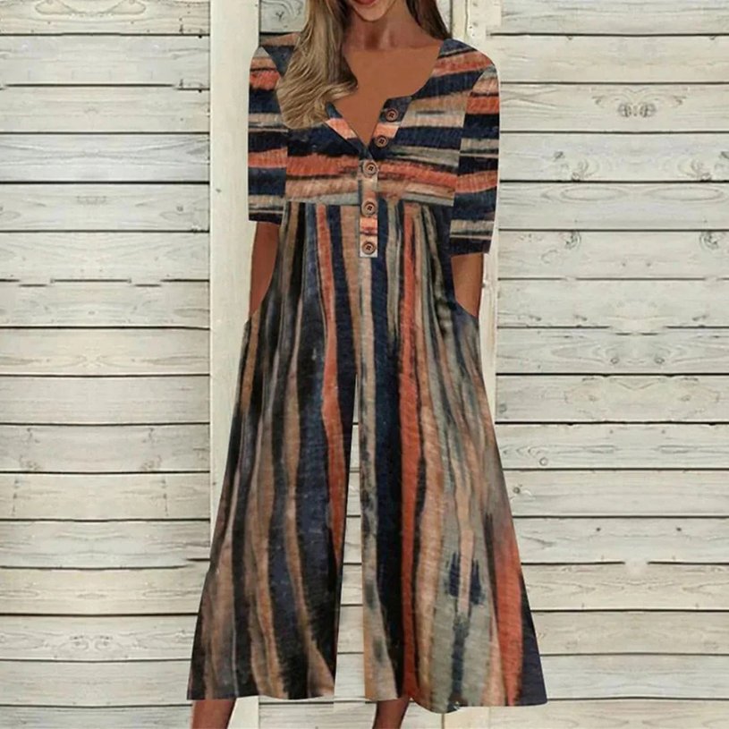 Dames Katoenen Culotte Jumpsuit Knoopsluiting V-hals Korte Mouw - Multicolor