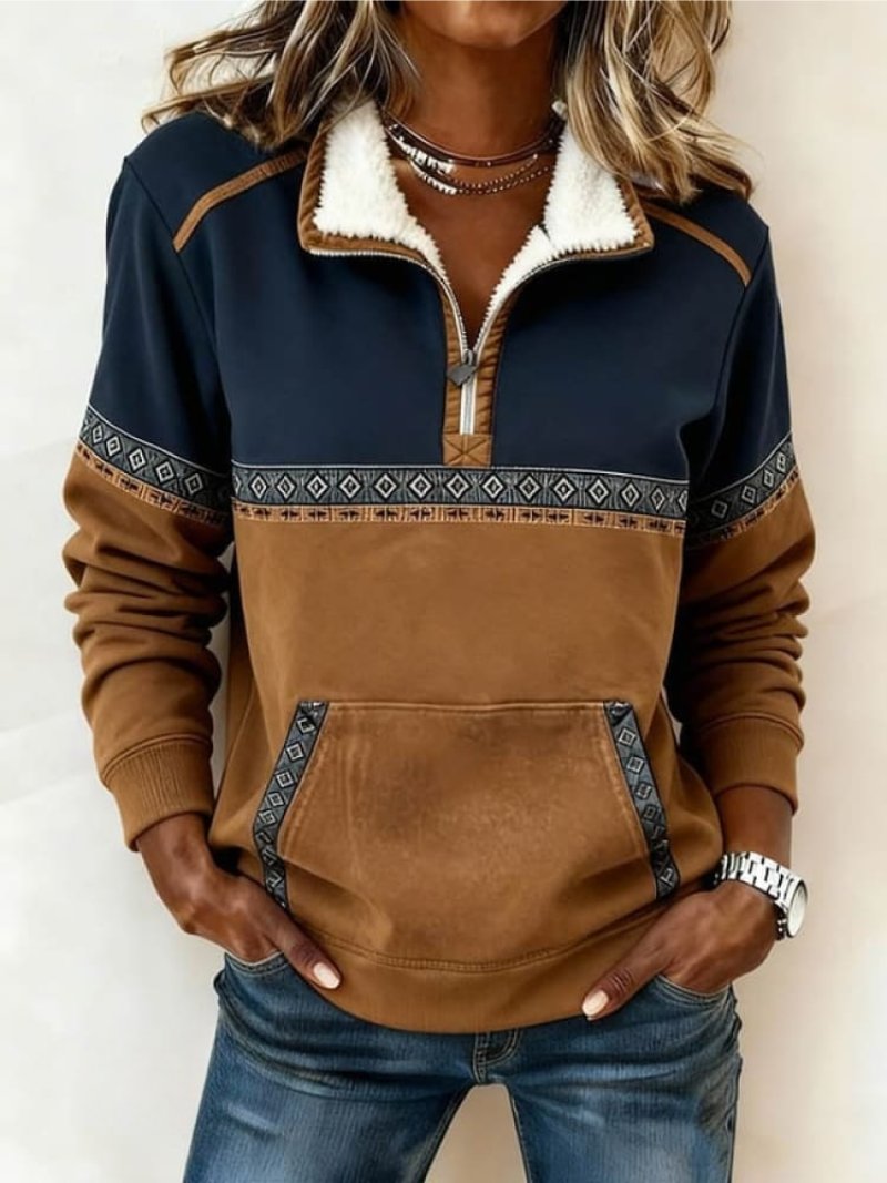 Dames Kleurblok Fleece Kraag Half-Rits Pullover Sweater - Multi-colored