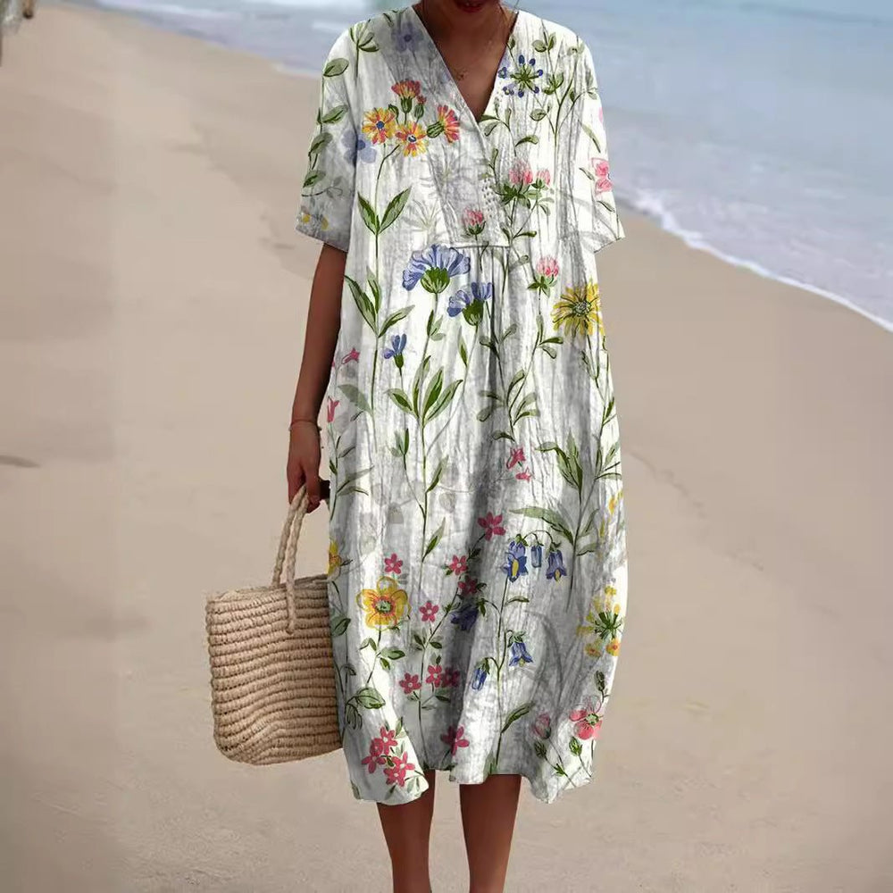 Dames Kleurrijke Bloemenprint V-hals Zomerjurk - Wit