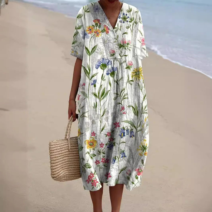 Dames Kleurrijke Bloemenprint V-hals Zomerjurk - Wit