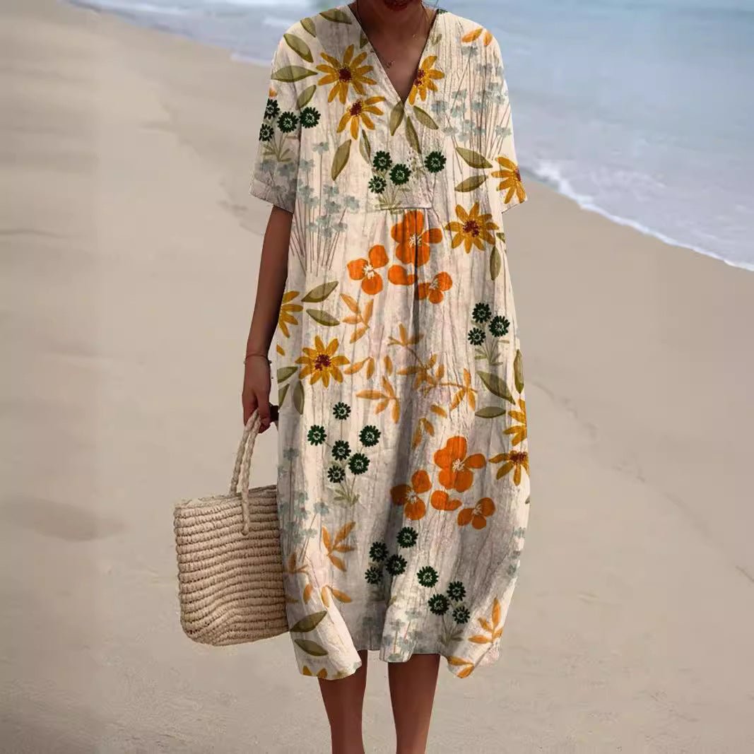 Dames Kleurrijke Bloemenprint V-hals Zomerjurk - Beige