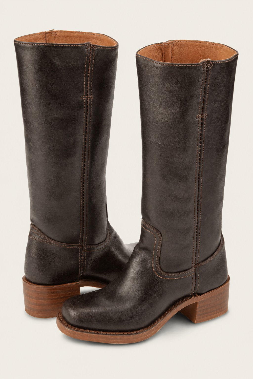 Dames Kniehoge Leren Slim-Fit Laarzen Gestructureerde Zool - Brown