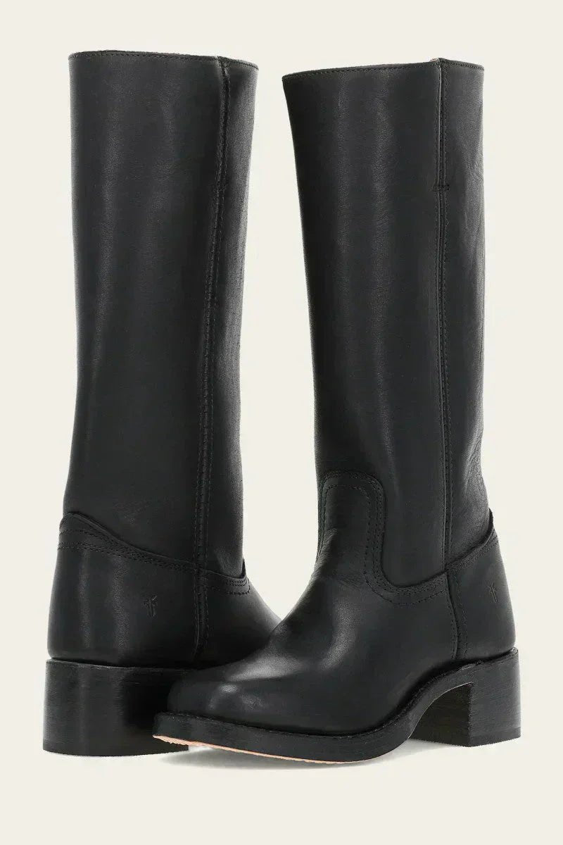 Dames Kniehoge Leren Slim-Fit Laarzen Gestructureerde Zool - Black