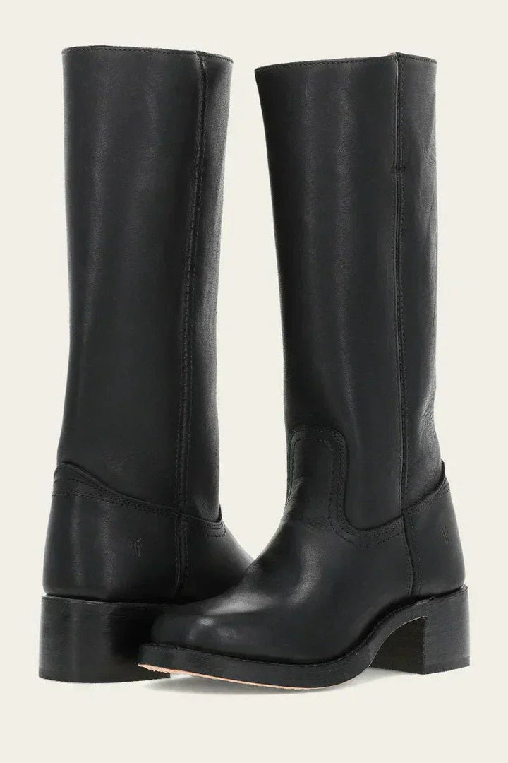 Dames Kniehoge Leren Slim-Fit Laarzen Gestructureerde Zool - Black