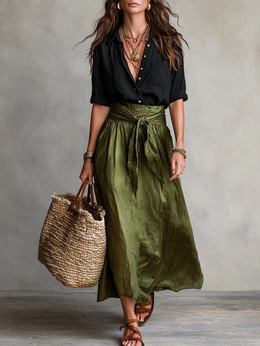 Dames Knoop Twee-Delige Set Hoge Taille Maxi - Green