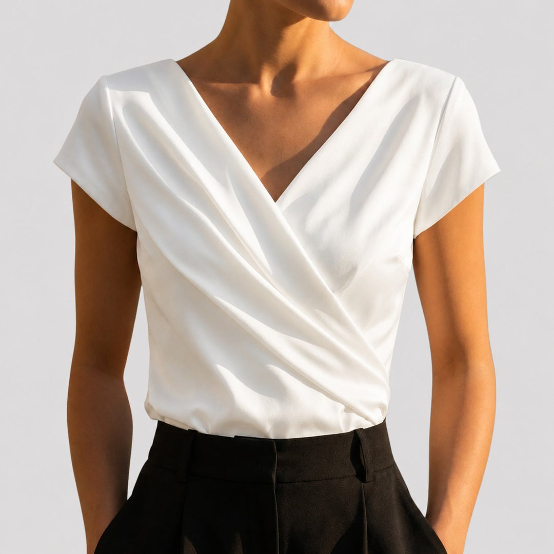 Dames Korte Mouw Gedrapeerde Wikkel V-hals Blouse Top - White