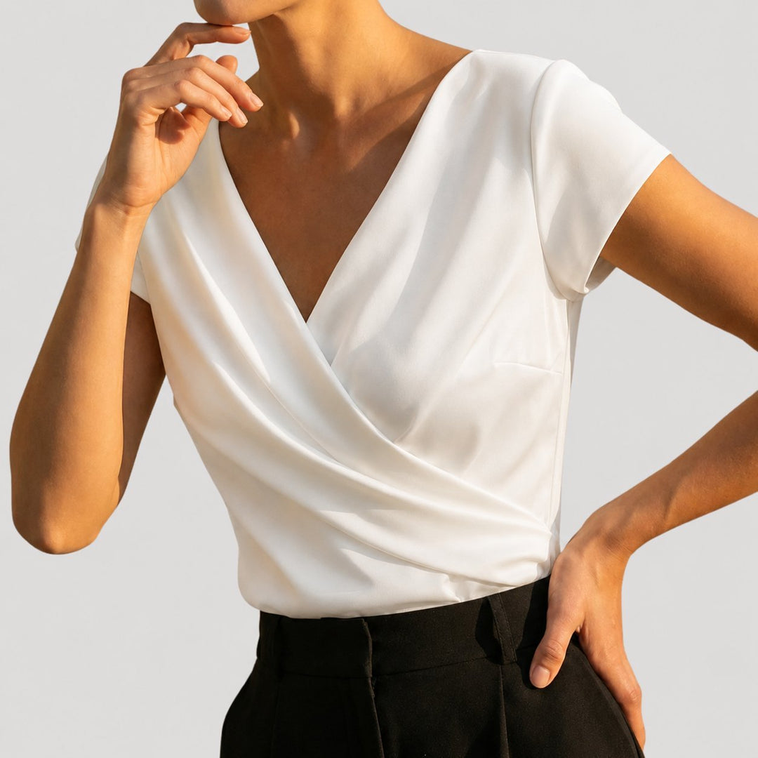 Dames Korte Mouw Gedrapeerde Wikkel V-hals Blouse Top
