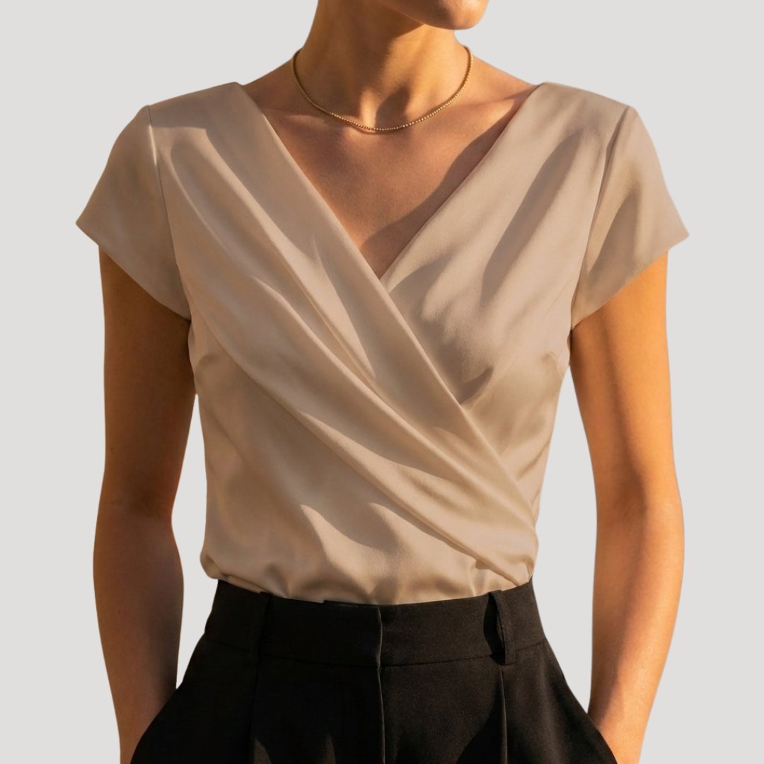 Dames Korte Mouw Gedrapeerde Wikkel V-hals Blouse Top - Khaki