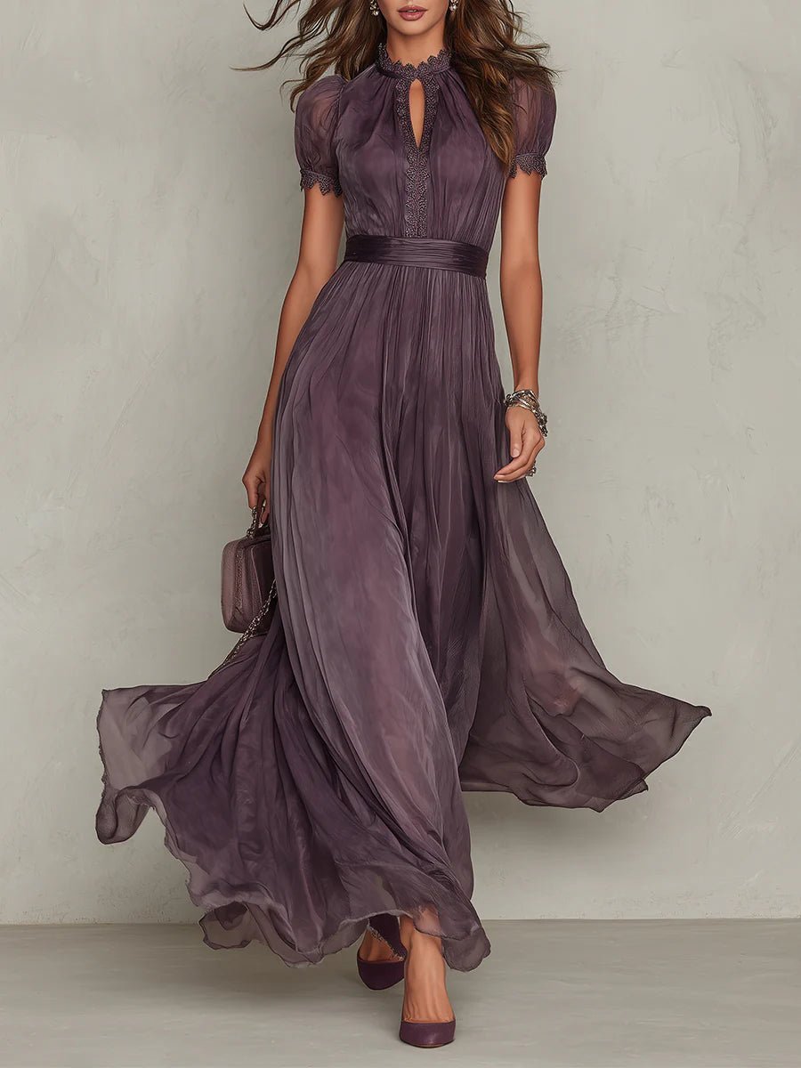 Dames Korte Mouw Kanten Chiffon Maxi Jurk Sleutelgat Hals - Purple