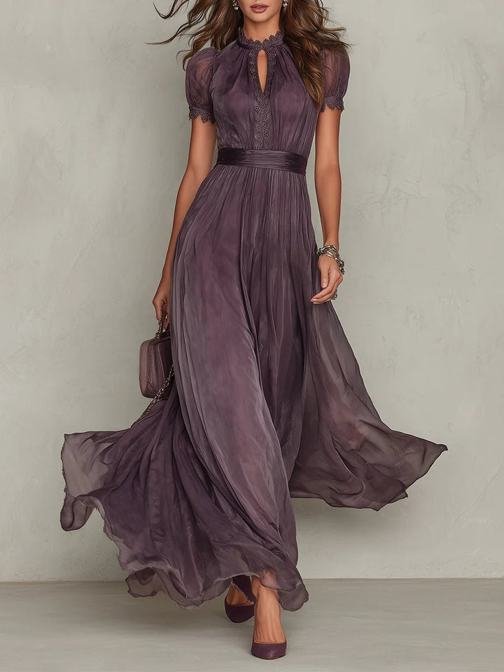 Dames Korte Mouw Kanten Chiffon Maxi Jurk Sleutelgat Hals - Purple