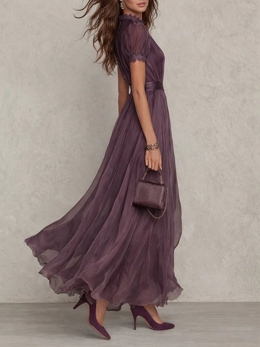 Dames Korte Mouw Kanten Chiffon Maxi Jurk Sleutelgat Hals