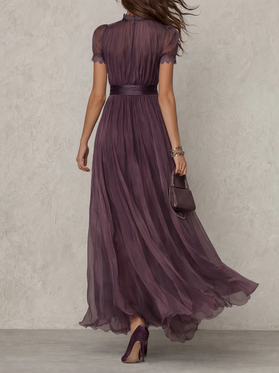 Dames Korte Mouw Kanten Chiffon Maxi Jurk Sleutelgat Hals